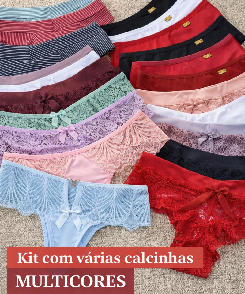Kit com 10 Calcinhas de Lingerie Variadas – Queima de Estoque — Kits de Lingerie — SKU KIT-10-CAL. Cor: Cores sortidas pelo sistema. Tamanho: 10 P, 10 M, 10 G, 10 GG