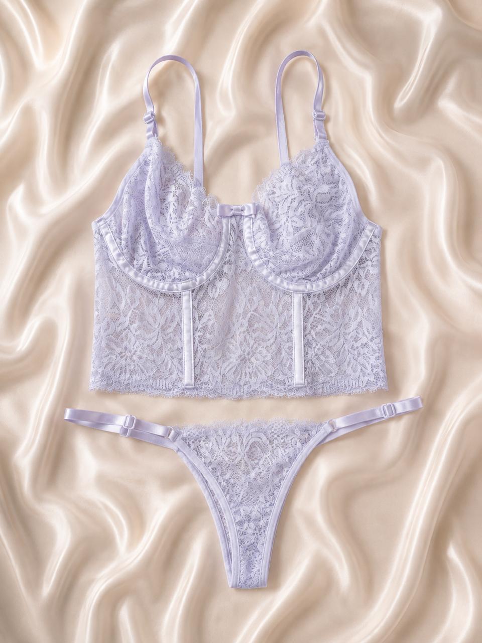 Conjunto Cropped Rendado — Conjuntos de Lingerie — SKU CJ-CROP-RENDA. Cor: Frozen, Lilás, Marinho, Rubro. Tamanho: P, M, G, GG